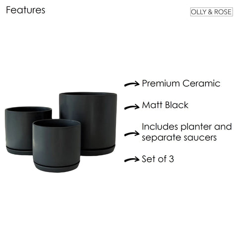 Matt Black Plant Pots Garden Planters Set 3 Indoor Outdoor Ceramic Flower Pots round with Saucers