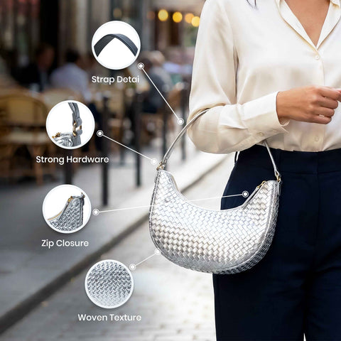 Laminated Silver Handmade Leather Bags With Zip Closure and Shoulder Strap