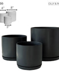 Matt Black Plant Pots Garden Planters Set 3 Indoor Outdoor Ceramic Flower Pots round with Saucers