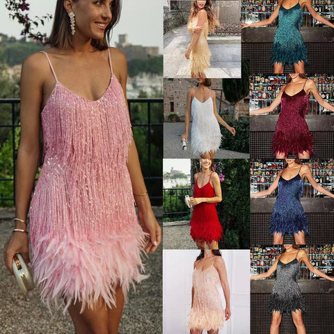 Sexy Tassel Sequins Feather Mini Dress