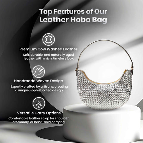 Laminated Silver Handmade Leather Bags With Zip Closure and Shoulder Strap