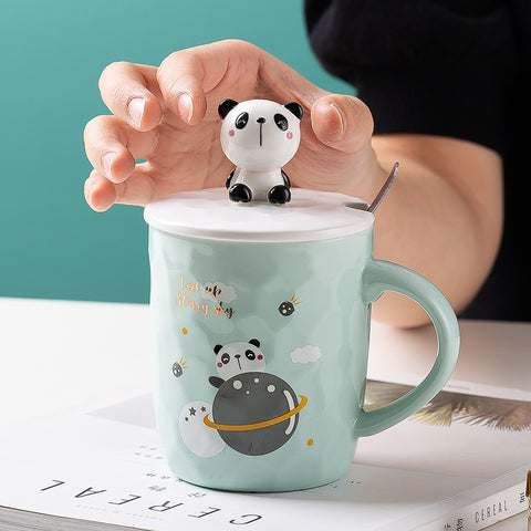 Cute Cartoon Ceramic Mug with Lid and Spoon