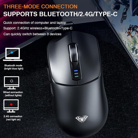 AULA SC580 Tri-Mode Wireless Gaming Mouse, 2.4G/BT5.0/USB-C, 10000 DPI Rechargeable Wireless Mouse, Gamer Mouse with 6 Programmable Buttons, Anti-Slip Stickers, Office Desktop Laptop PC Accessories Ergonomic Computer Mouse Bluetooth Budget Mouse Springtok