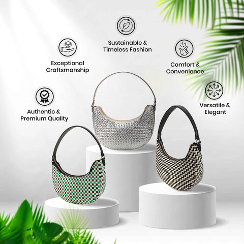 Laminated Silver Handmade Leather Bags With Zip Closure and Shoulder Strap