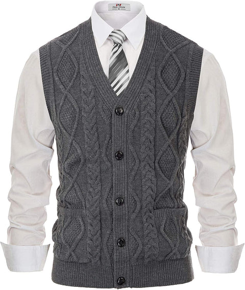 Men'S Sweater Vest V-Neck Sleeveless Cable Knitted Cardigan Vest