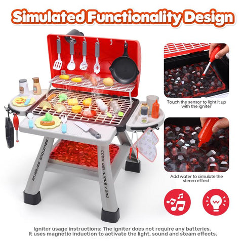 CUTE STONE BBQ Grill Playset, Kitchen Toy Set, Realistic Smoke BBQ Grill Playset with Toy Grill, Toy Kitchen Accessories
