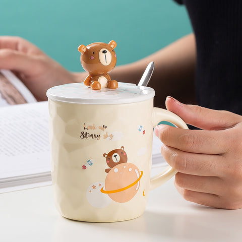 Cute Cartoon Ceramic Mug with Lid and Spoon