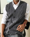 Men'S Sweater Vest V-Neck Sleeveless Cable Knitted Cardigan Vest