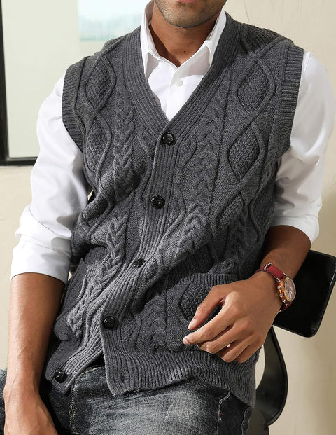 Men'S Sweater Vest V-Neck Sleeveless Cable Knitted Cardigan Vest
