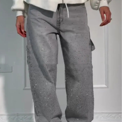 Ins Shiny Loose Wide Jeans With Pockets