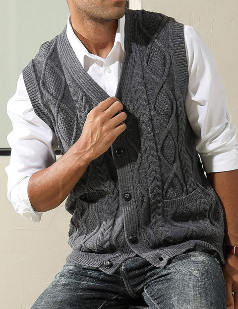 Men'S Sweater Vest V-Neck Sleeveless Cable Knitted Cardigan Vest