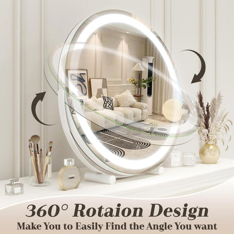 FENNIO Vanity Mirror with Lights, 12 Inch Light up Makeup Mirror, LED Makeup Mirror with Lights for Bedroom Tabletop, Smart Touch Control 3 Colors Dimmable, 360° Rotation, White