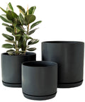 Matt Black Plant Pots Garden Planters Set 3 Indoor Outdoor Ceramic Flower Pots round with Saucers