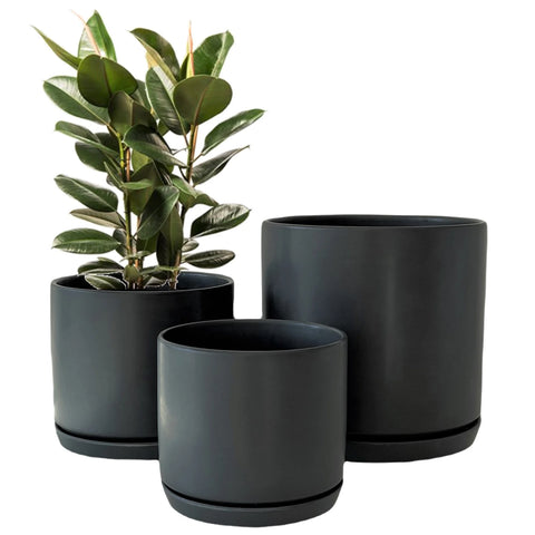 Matt Black Plant Pots Garden Planters Set 3 Indoor Outdoor Ceramic Flower Pots round with Saucers
