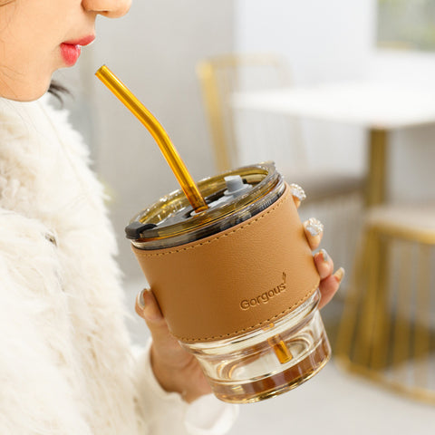Creative Bamboo Glass Cup with Lid & Straw