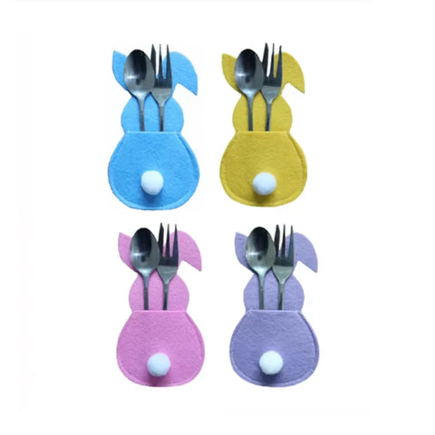 4Pcs Easter Rabbit Knife and Fork Bag with Tail Rabbit Cutlery Holder Bag Happy Easter Day Party Supplies 2023 Cutlery Cover