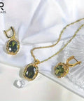 ROMASS Marlu Olive Green Amethyst Zirconia Jewelry Set - 18K Gold Plated Sterling Silver Necklace & Earrings for Women, Hypoallergenic Luxury Gift (Birthday, Anniversary) | Tarnish-Resistant & California Prop 65 Certified