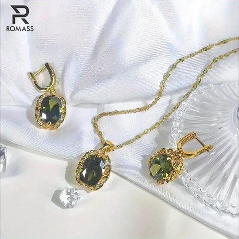 ROMASS Marlu Olive Green Amethyst Zirconia Jewelry Set - 18K Gold Plated Sterling Silver Necklace & Earrings for Women, Hypoallergenic Luxury Gift (Birthday, Anniversary) | Tarnish-Resistant & California Prop 65 Certified