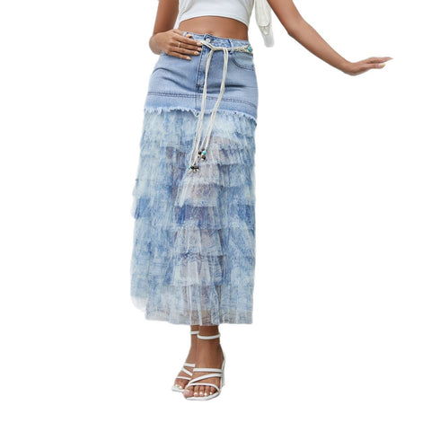 Mesh Stitching Denim Skirt