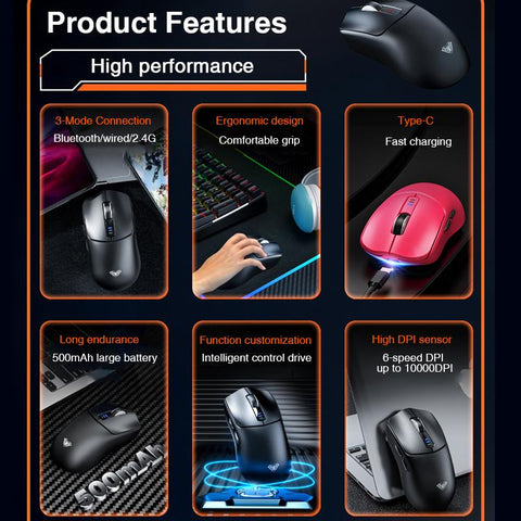 AULA SC580 Tri-Mode Wireless Gaming Mouse, 2.4G/BT5.0/USB-C, 10000 DPI Rechargeable Wireless Mouse, Gamer Mouse with 6 Programmable Buttons, Anti-Slip Stickers, Office Desktop Laptop PC Accessories Ergonomic Computer Mouse Bluetooth Budget Mouse Springtok