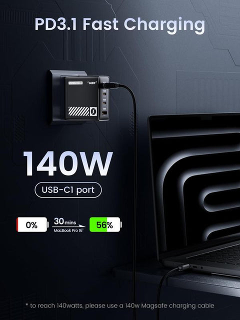 MOVE SPEED 140W USB C Charger PD3.1 Gan 4-Port Compact Laptop Wall Charger Foldable Plug 3Xusb-C Ports Fast Charging for Macbook Pro/Air, Iphone, Ipad Pro, Dell XPS Etc (With 140W Cable)