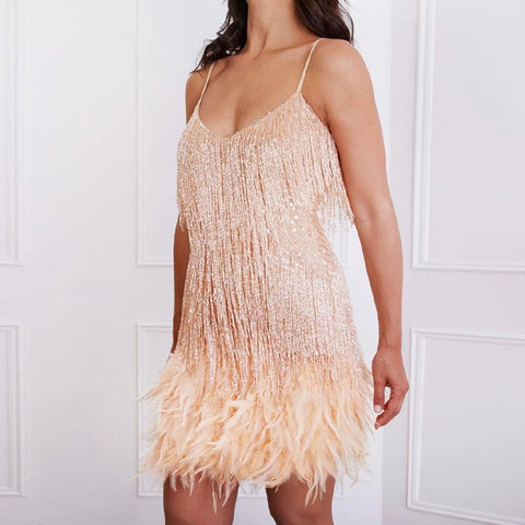 Sexy Tassel Sequins Feather Mini Dress