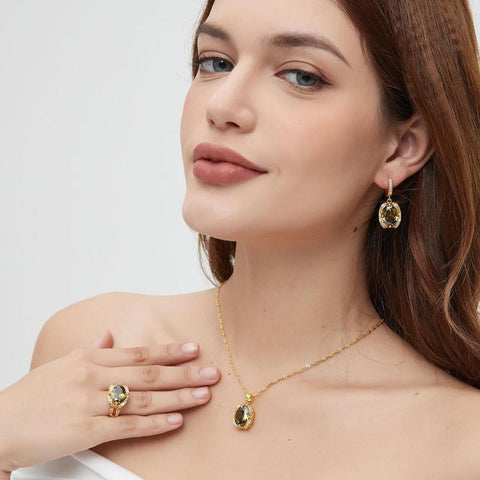 ROMASS Marlu Olive Green Amethyst Zirconia Jewelry Set - 18K Gold Plated Sterling Silver Necklace & Earrings for Women, Hypoallergenic Luxury Gift (Birthday, Anniversary) | Tarnish-Resistant & California Prop 65 Certified