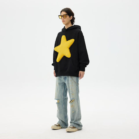 Cotton-Filled 3D Raised Star Hoodies Hand-Printed Design Unisex Casual Oversized Comfort Steetwear SQQZ PROJECT