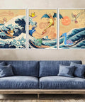 Pokemon on the Great Wave off Kanagawa Set of 3 Posters: Japanese Tapestry Style Pokemon Anime Poster - Wall Art for Bedroom and Home Décor