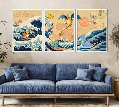 Pokemon on the Great Wave off Kanagawa Set of 3 Posters: Japanese Tapestry Style Pokemon Anime Poster - Wall Art for Bedroom and Home Décor